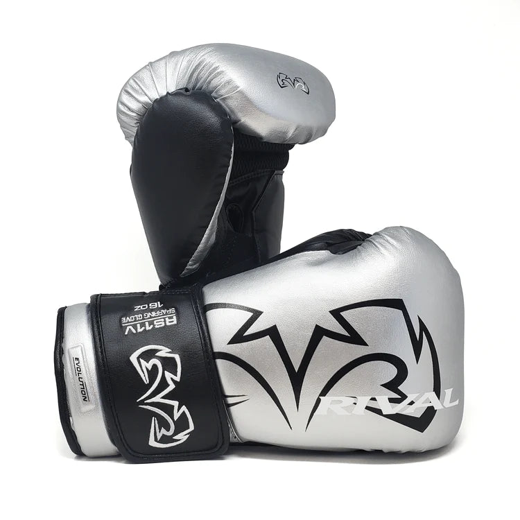 Rival RS11V Evolution Sparring Gloves in silver with V-Strap wrist lock system for boxing training